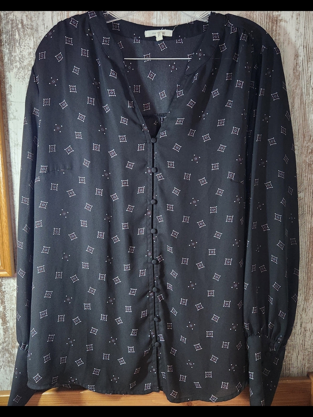 Maurices Black Long-Sleeve Button Front Blouse with Subtle Pink Geometric Print